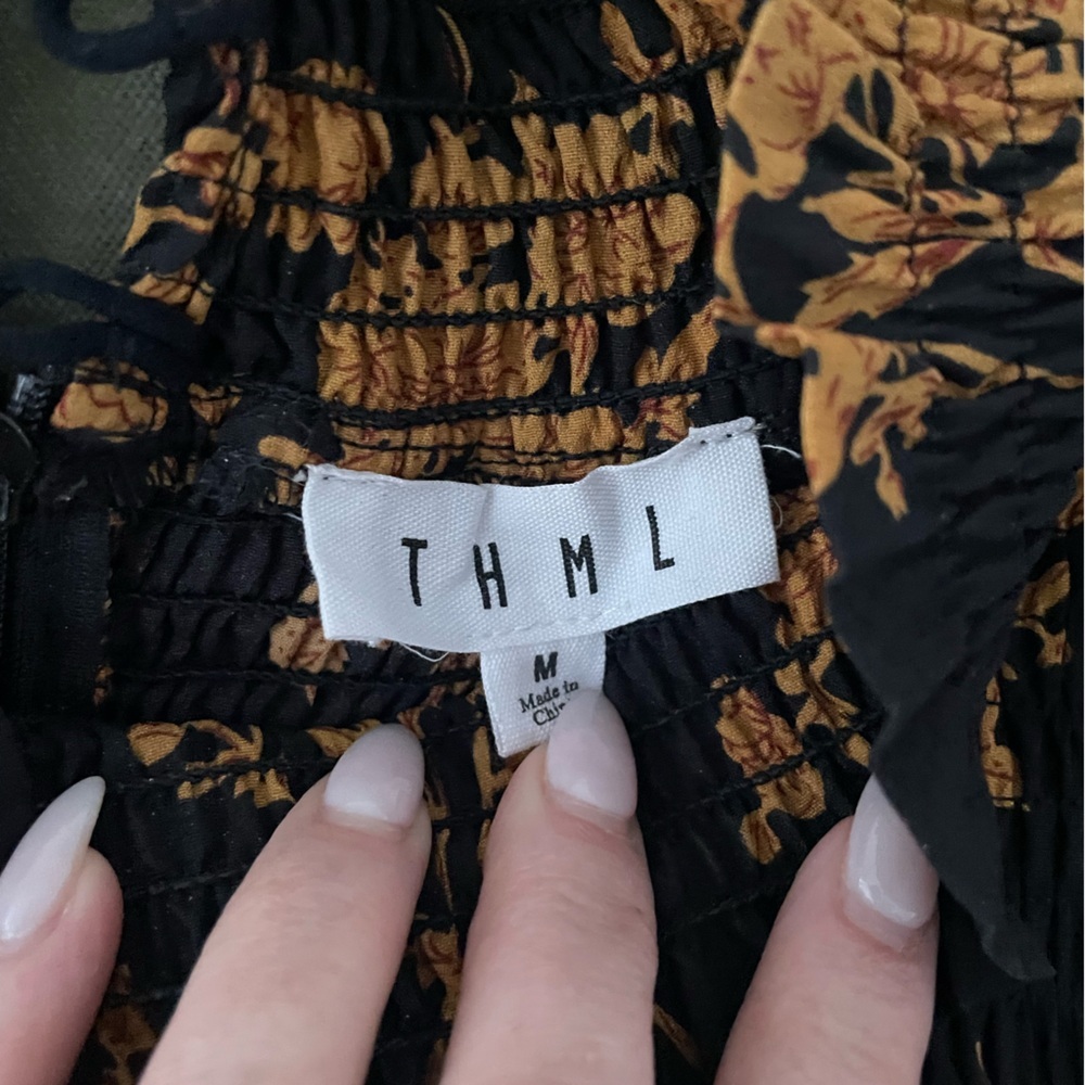THML Floral Black and Mustard Smocked Mock Neck Women's Blouse, Medium - Picture 7 of 7
